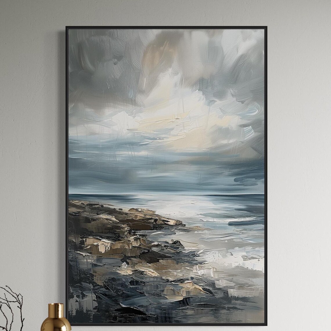 Stormy Grey Blue Abstract Seascape Rocky Shore Moody Ocean Art Poster