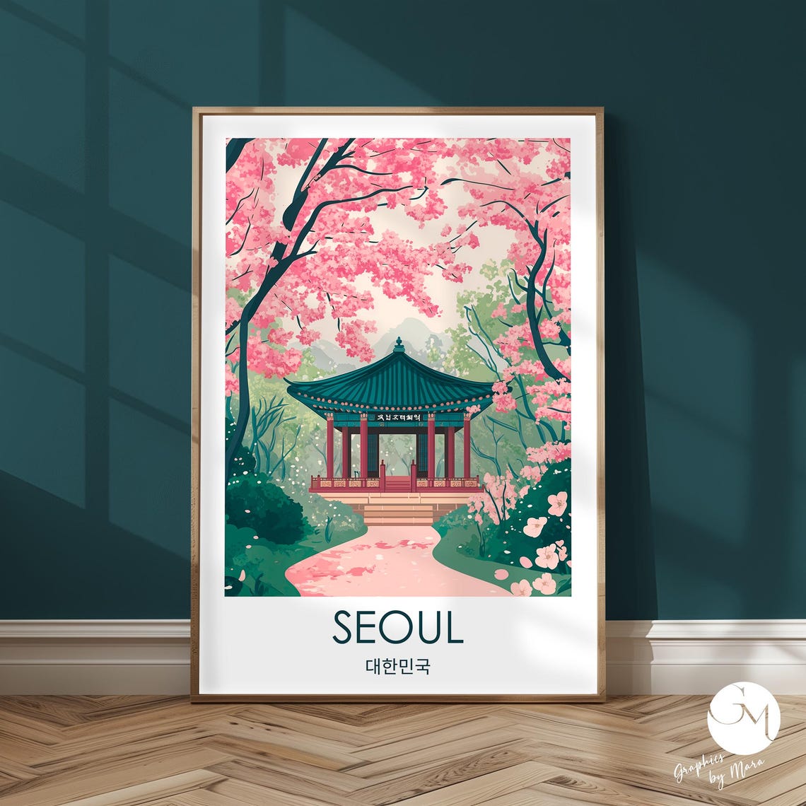 Seoul Korea Cherry Blossom Pagoda Spring Garden Travel Poster