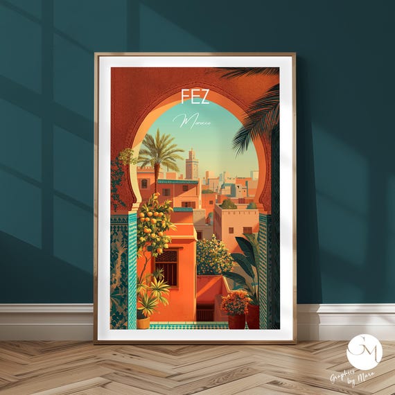 Fez Morocco Travel Print Riad Archway Poster Oriental Cityscape Palm Trees Illustration North Africa Wall Art