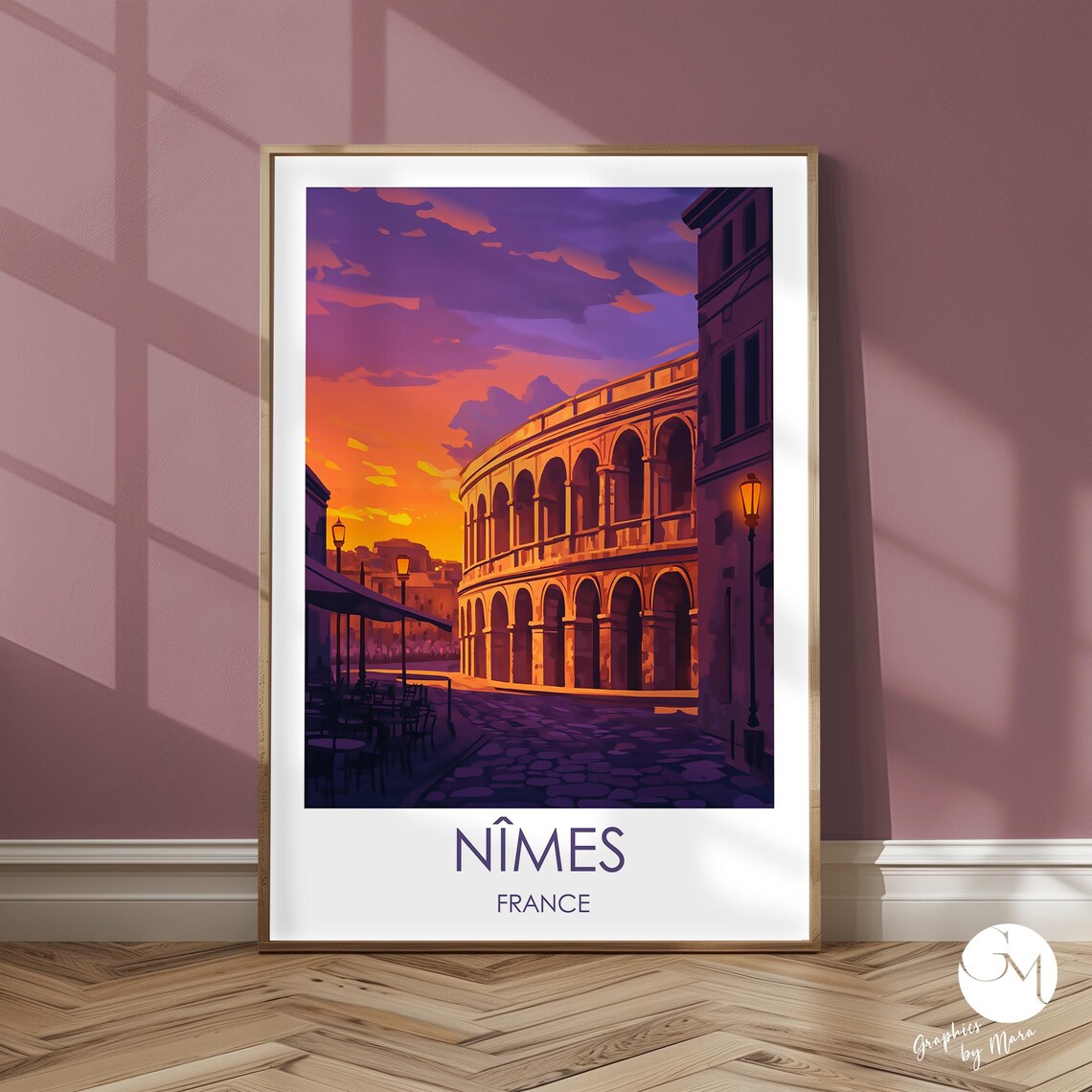 Nimes France Roman Arena at Sunset Travel Poster with Cafe Street