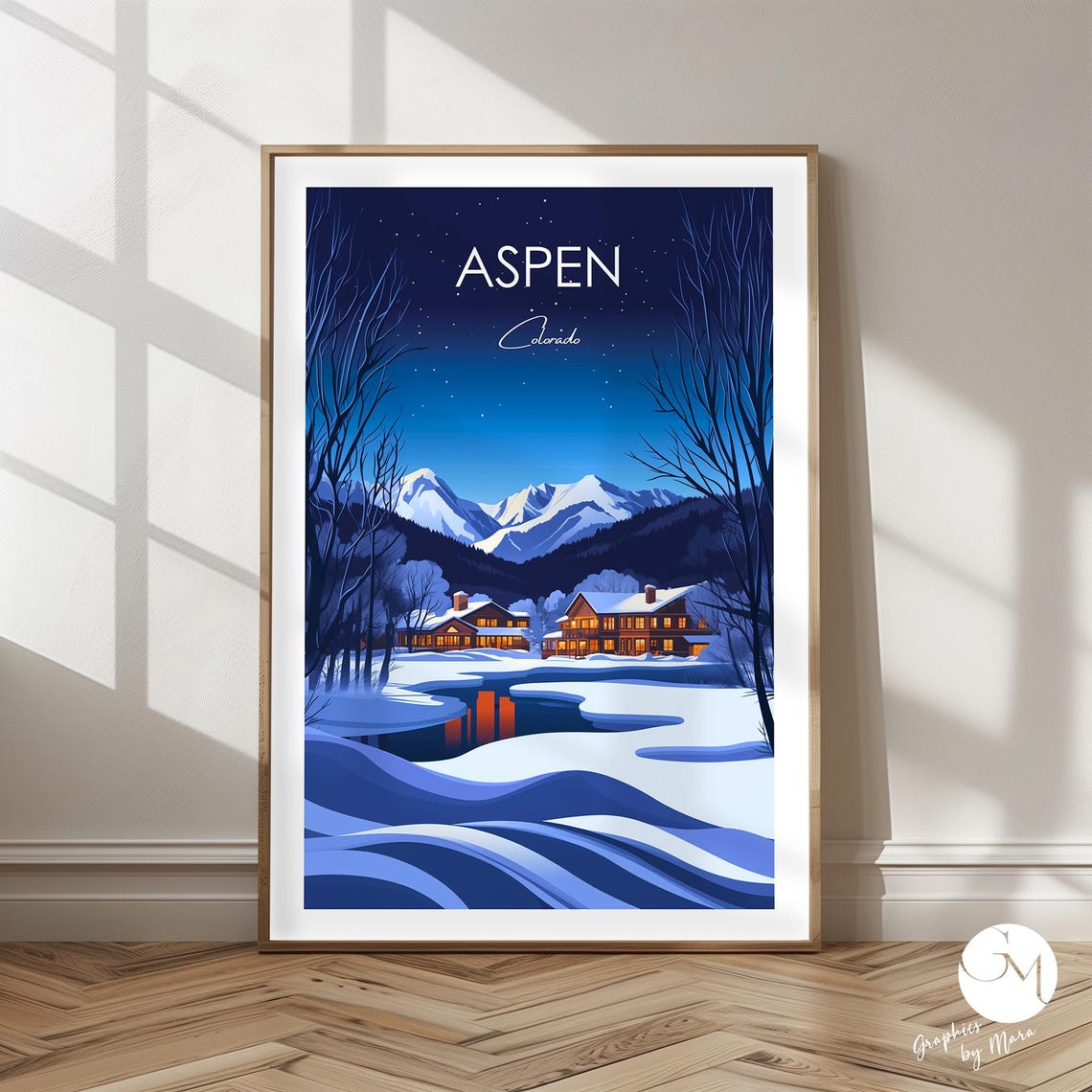 Aspen Colorado Snowy Lodge Starry Winter Night Mountain Poster