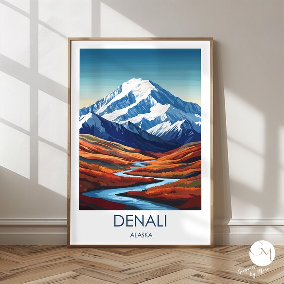 Denali Alaska Snowy Peak Winding River Valley Winter Travel Poster