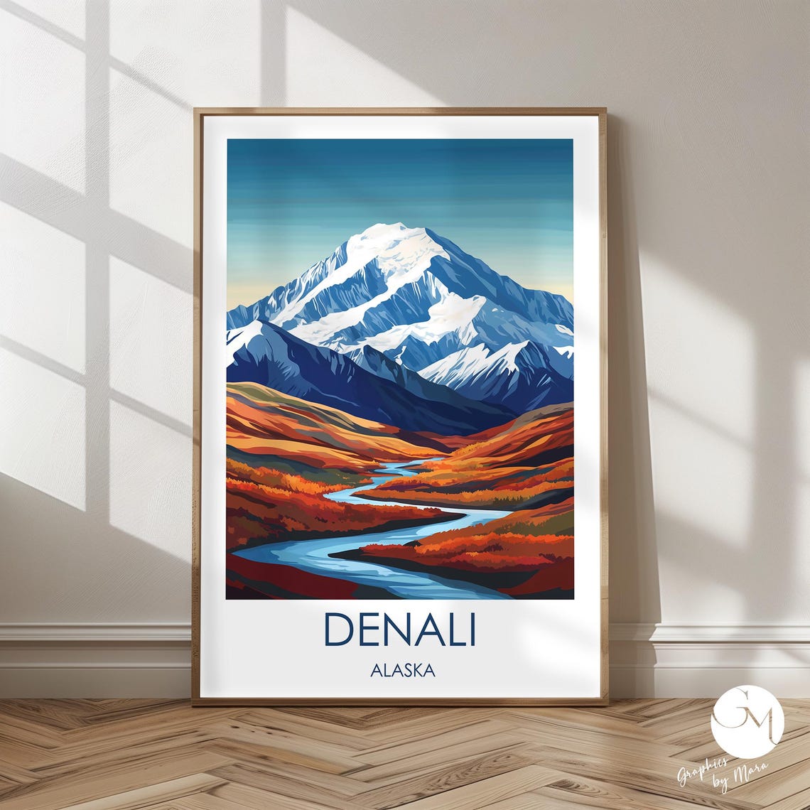 Denali Alaska Snowy Peak Winding River Valley Winter Travel Poster