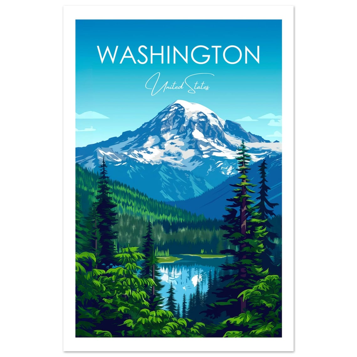 Washington State Snow Capped Mountain Forest Lake Travel Poster
