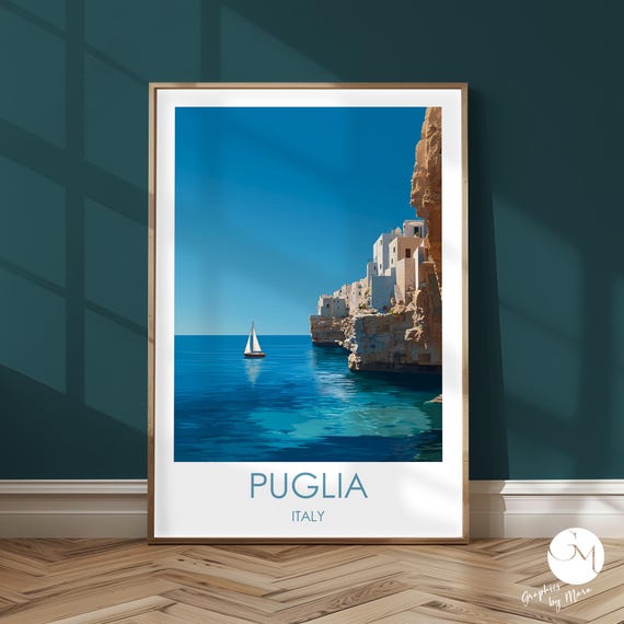 Italy Travel Print Polignano A Mare Puglia Coast Poster Sailboat Illustration Calm Sea Scene Apulia Wall Art