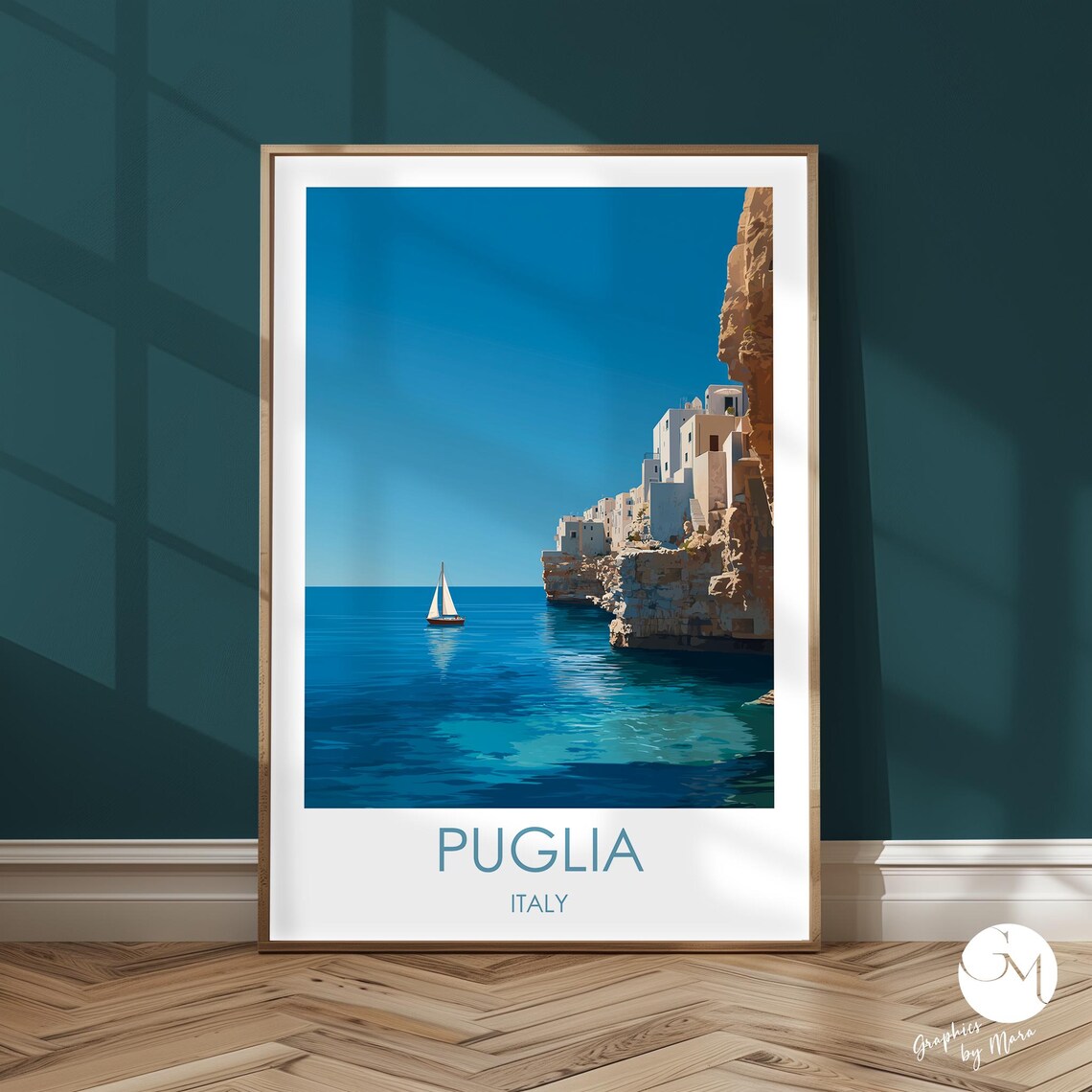 Puglia Italy Cliffside Town Sailboat Turquoise Coast Travel Poster