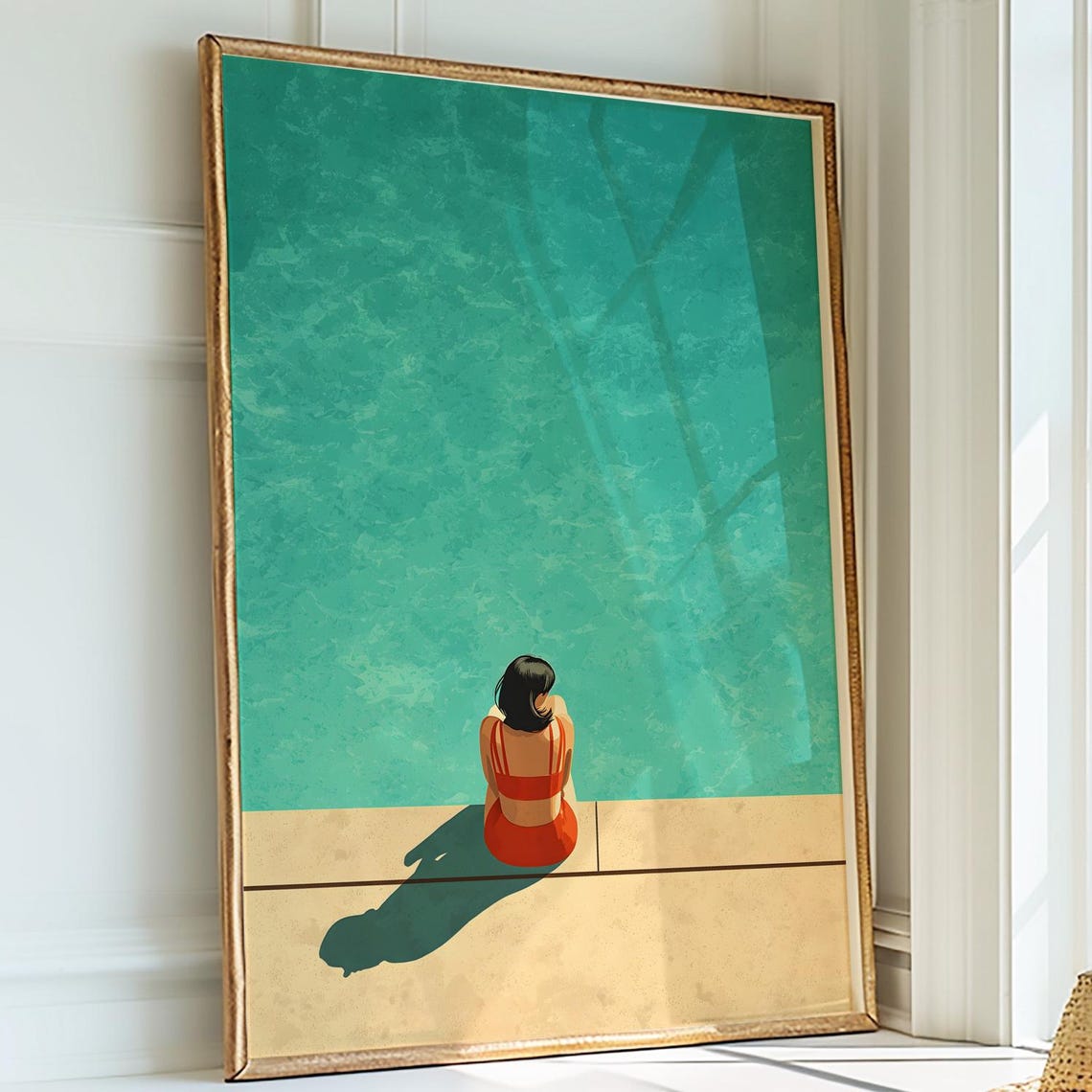 Woman in Red Swimsuit at Turquoise Pool Minimalist Art Poster