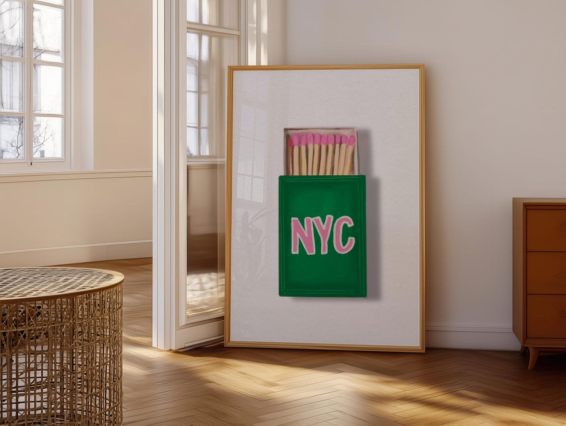 NYC Vintage Matchbook Art Pink Matches Green Retro City Poster