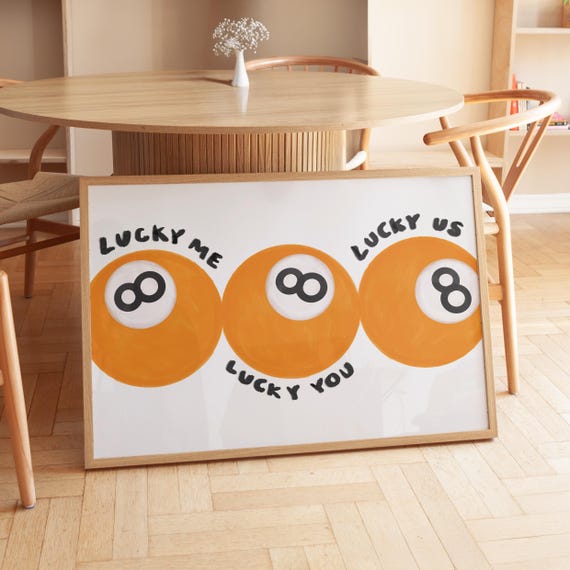 Lucky Me You Print 8 Ball Art Vintage Game Decor Playful Billiards Retro Bar Cart Cool Wall Orange