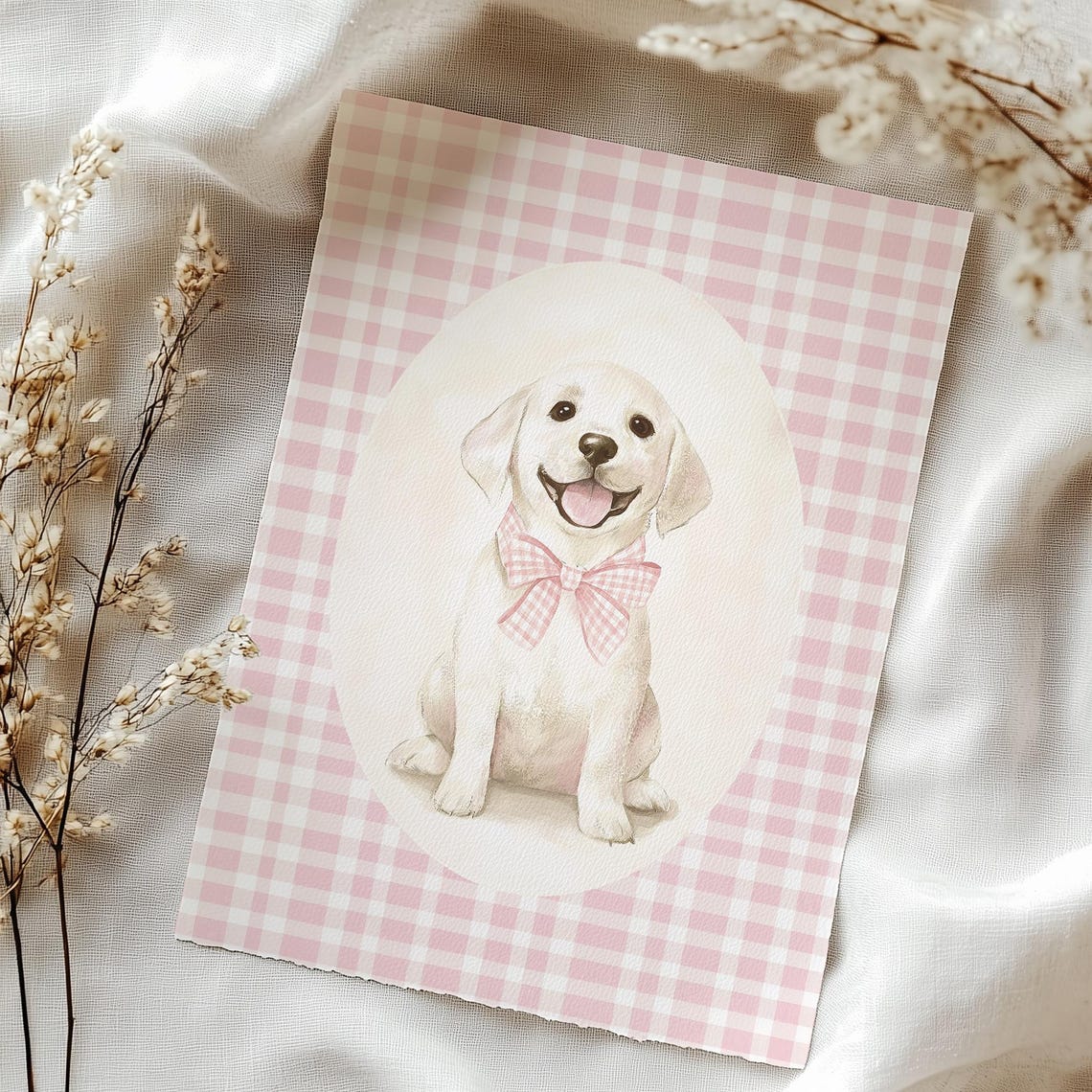 Smiling Puppy Pink Gingham Bow Oval Cameo Nursery Art Poster - Image 2