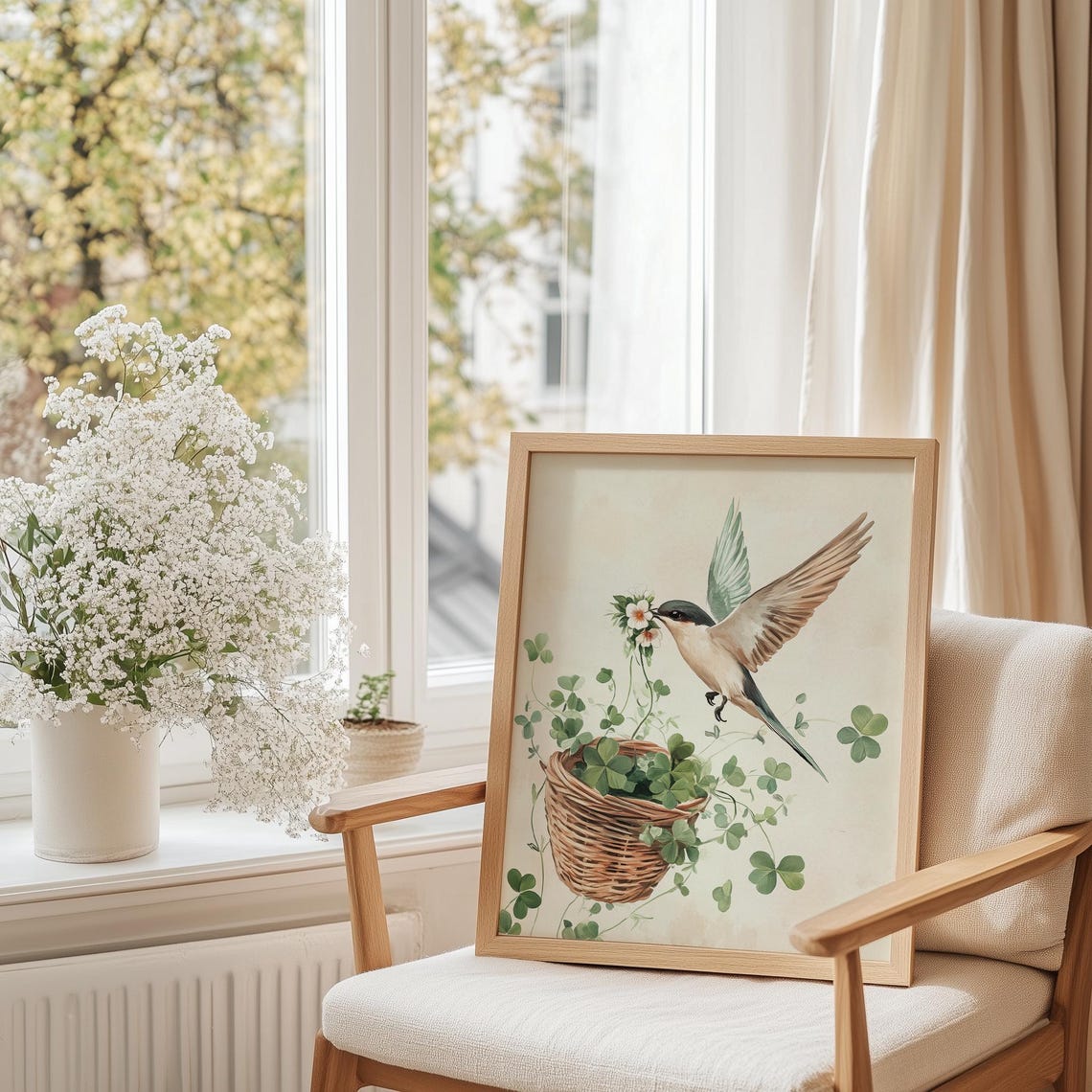 Swallow Bird Flower Clover Basket Watercolor Spring Nature Print - Image 4