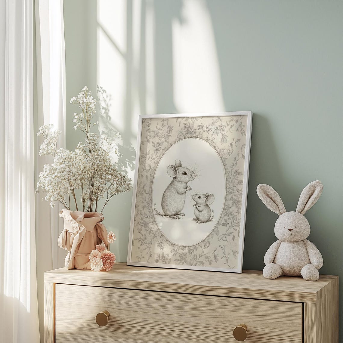 Vintage Pencil Sketch Of Two Mice On Floral Toile Nursery Poster - Image 5
