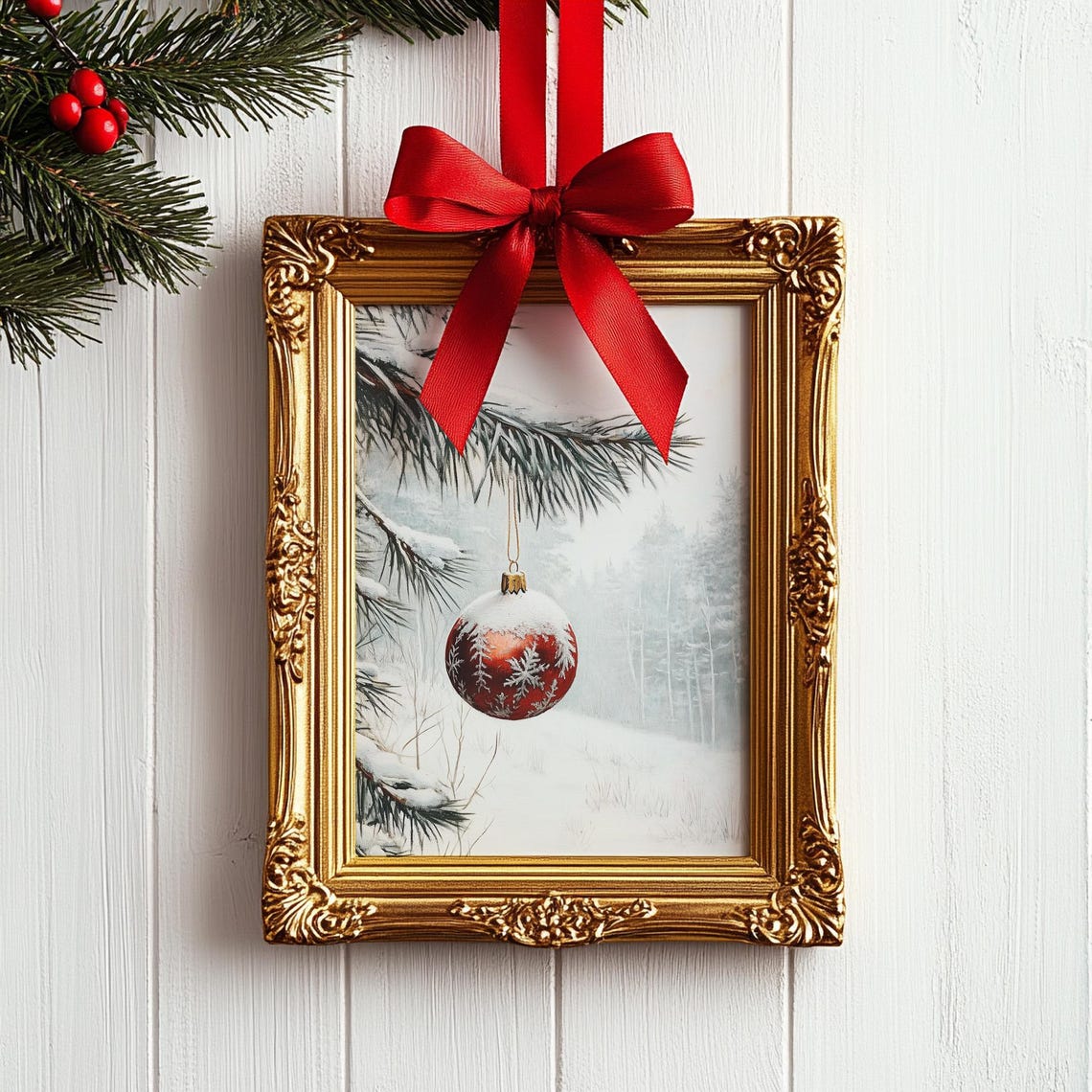 Red Glass Bauble Snowy Pine Branch Frosted Forest Winter Scene Poster - Image 3