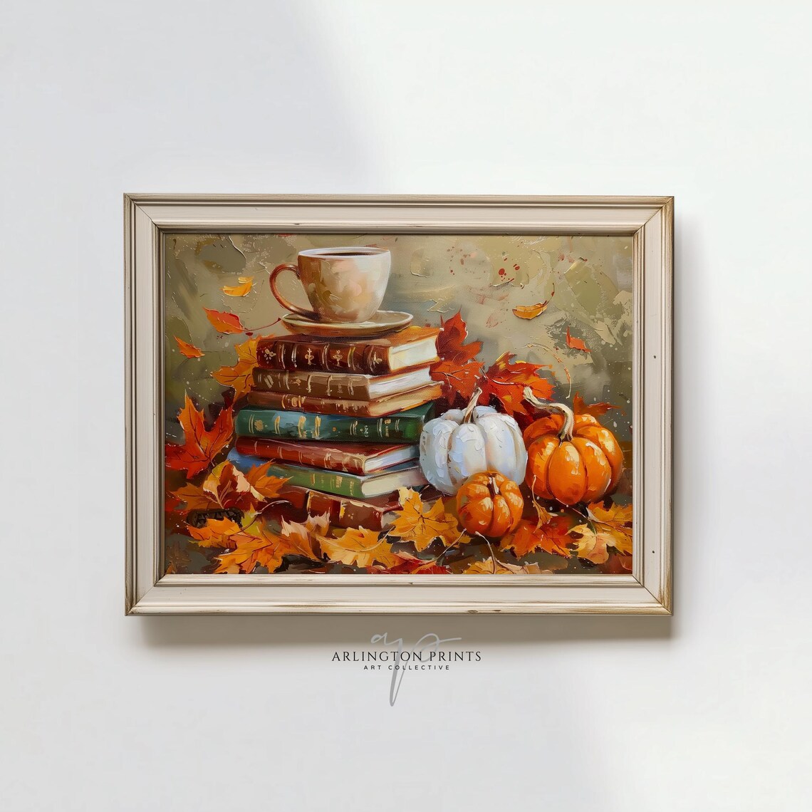 Cozy Autumn Book Stack Coffee And Pumpkins Oil Painting Poster