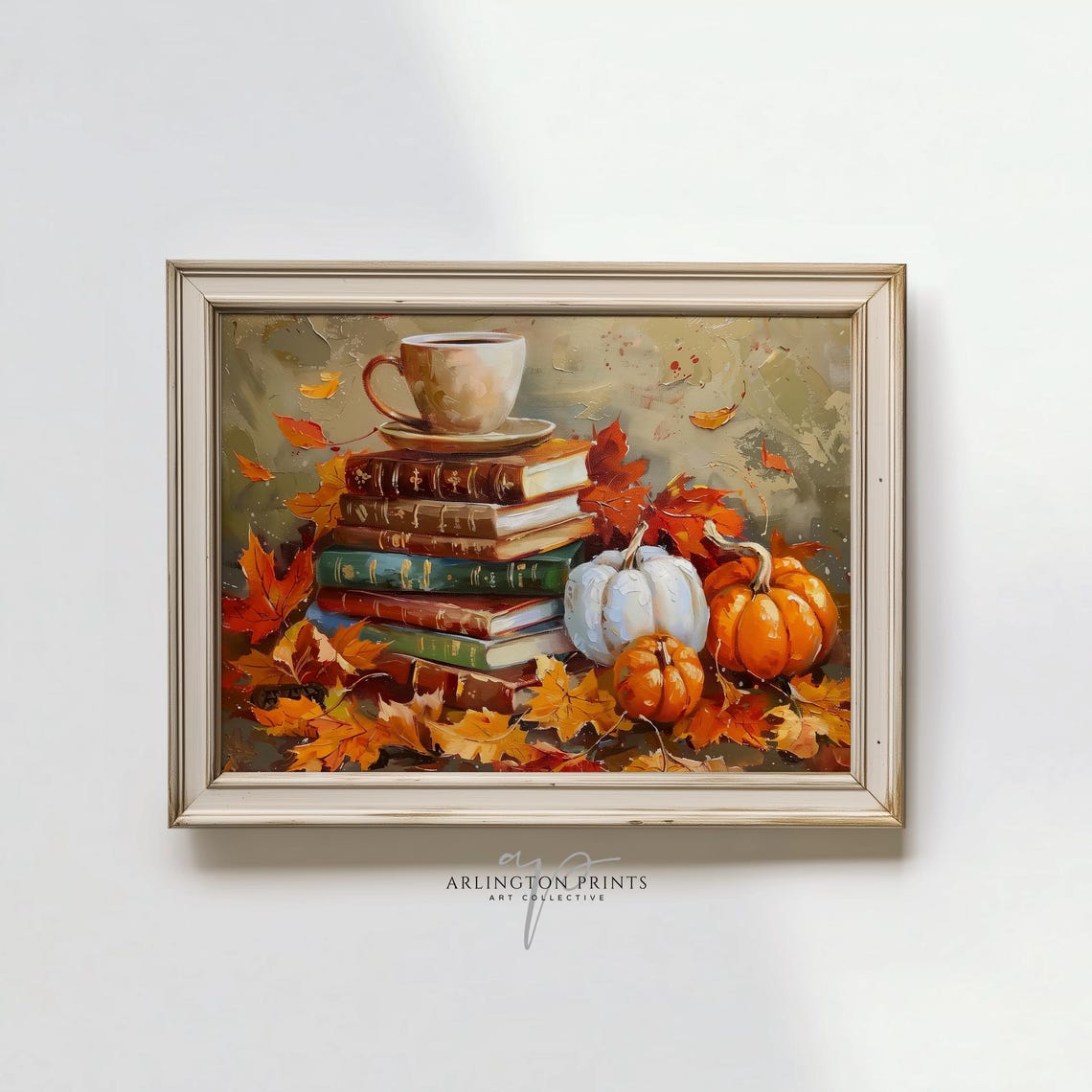 Moody Fall Bookish Wall Art Vintage Stacked Books Autumn Print Foliage Coffee Bar Bookstack P146