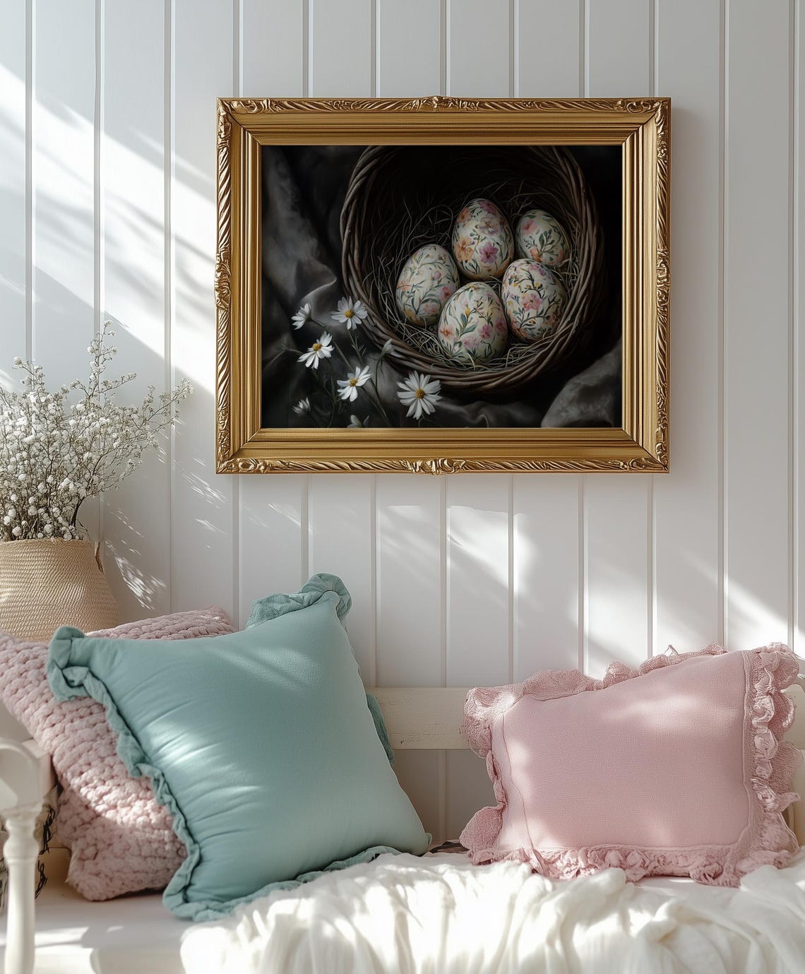 Floral Easter Eggs Wicker Nest Moody Dark Vintage Spring Art Print - Image 2