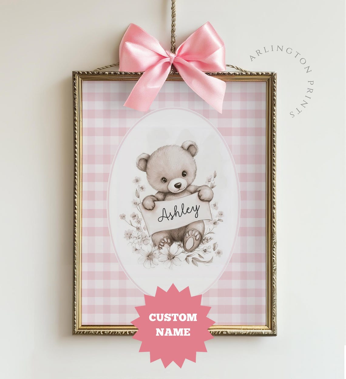 Custom Name Teddy Bear with Pink Ribbon Bow Gingham Nursery Poster