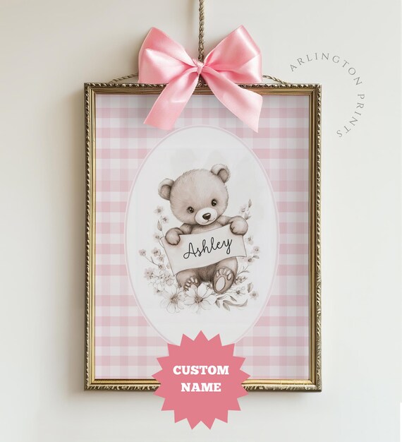 Custom Name Teddy Bear with Pink Ribbon Bow Gingham Nursery Poster