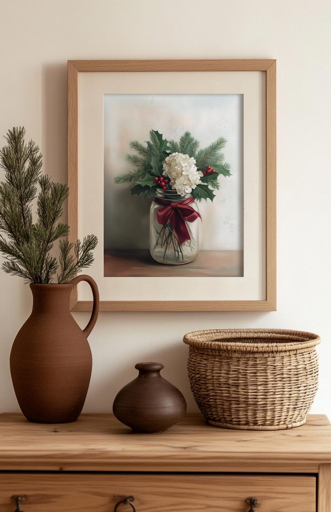 Rustic Mason Jar White Hydrangea Holly Berry Christmas Bouquet Poster - Image 4
