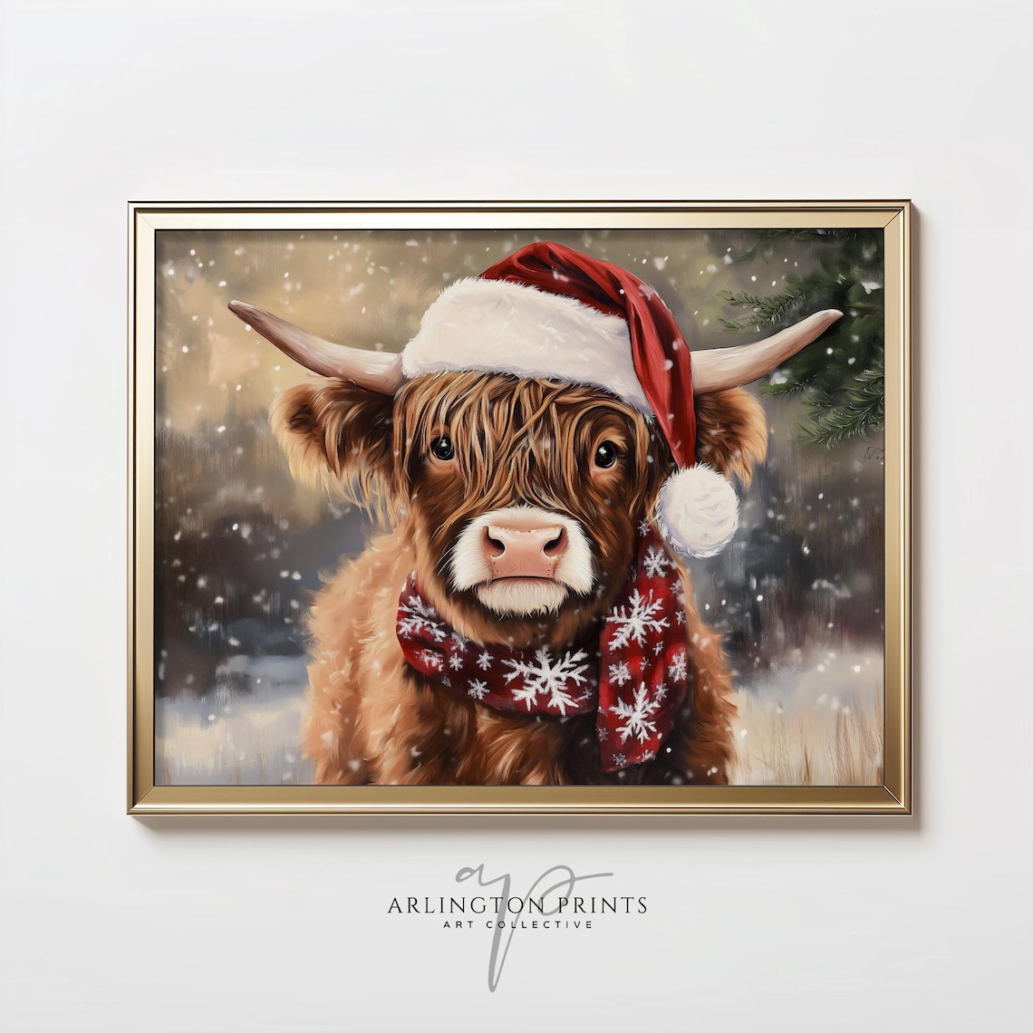 Xmas Highland Cow Art Print, Farmhouse Christmas Decor