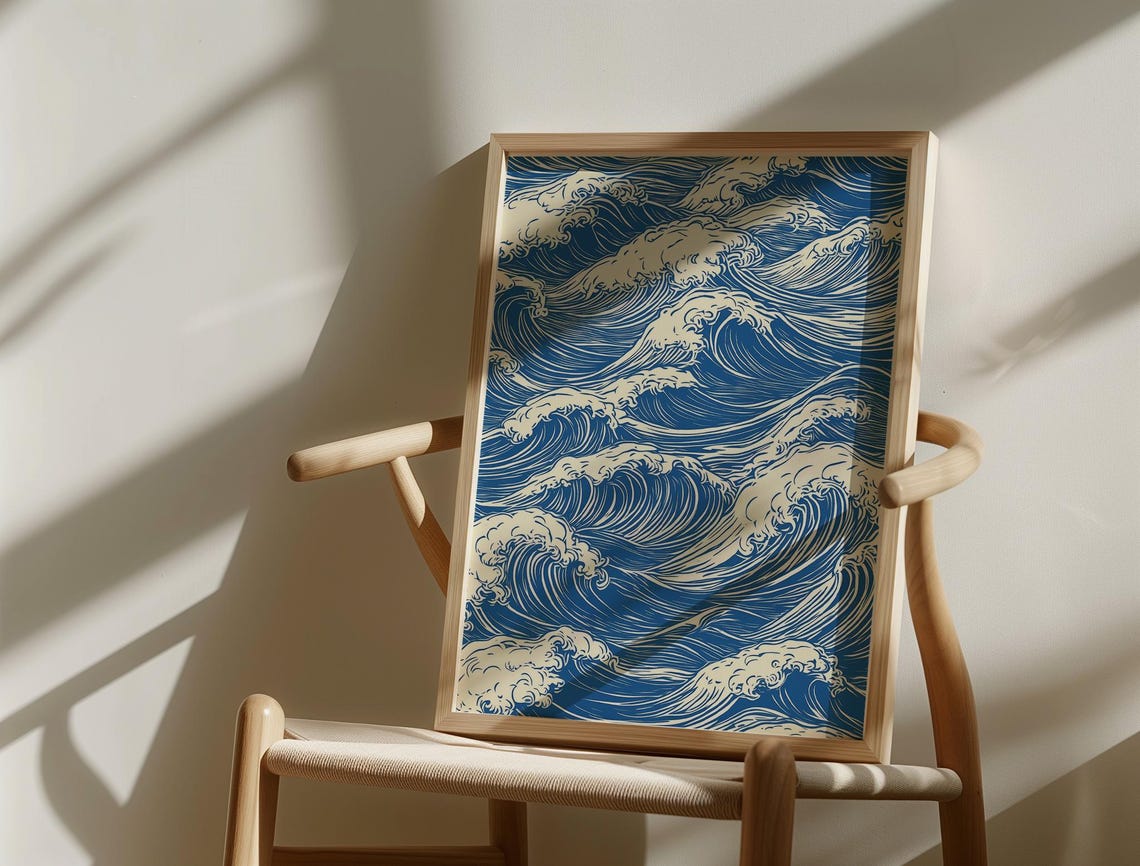 Modern Abstract Ocean Waves Print Nautical Home Decor Blue Beach Wall Art Japanese Inspired Blue White Sea Pattern Poster - Image 4