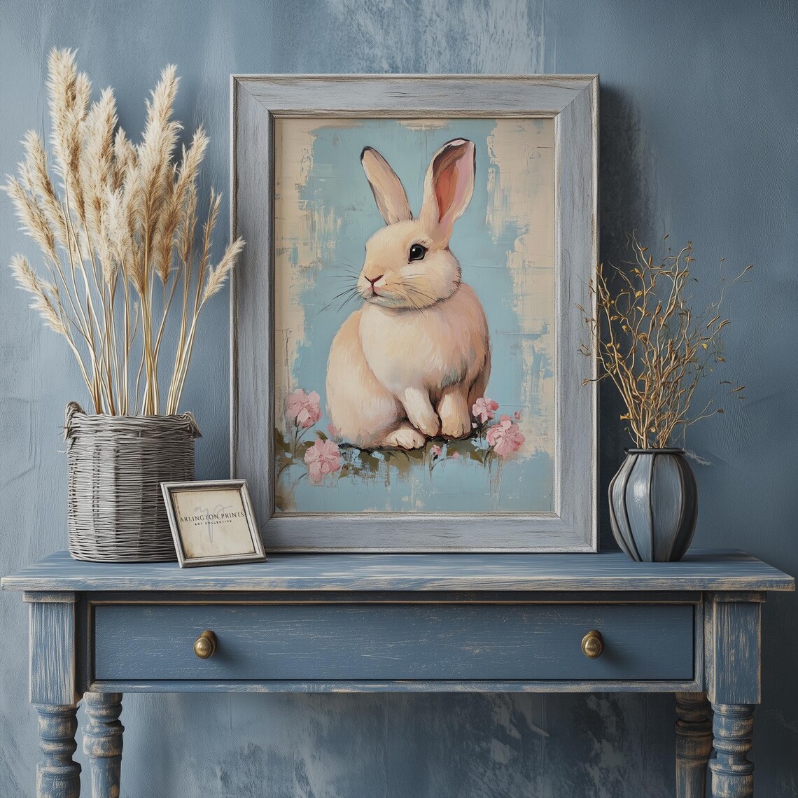 White Bunny With Pink Blossoms Vintage Blue Spring Art Poster - Image 2