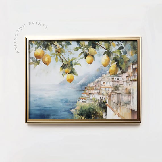 Amalfi Coast Landscape Art Print, Coastal Lemons