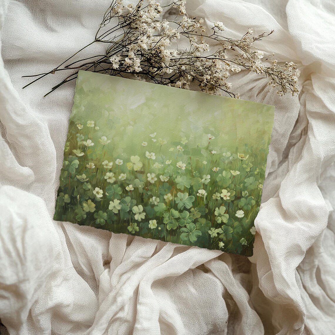 Green Clover Field White Flowers Soft Botanical Peaceful Art Poster - Image 4