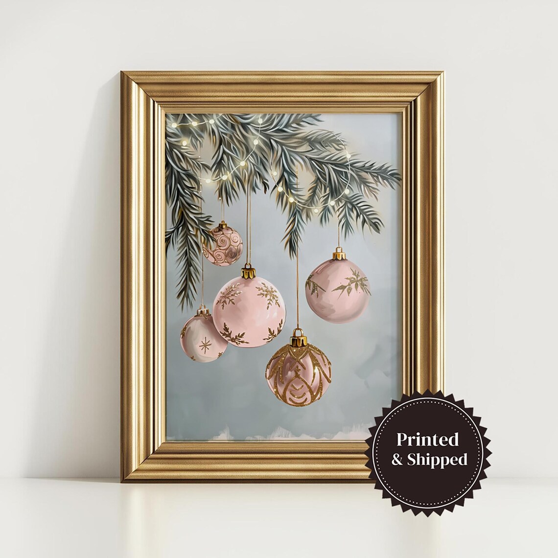 Blush Pink Christmas Ornaments Hanging From Pine Branch Art Poster