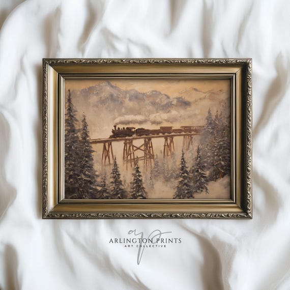 Antique Train Crossing Bridge In Winter Vintage Mountain Art Print Moody Snowy Landscape Wall Decor 423