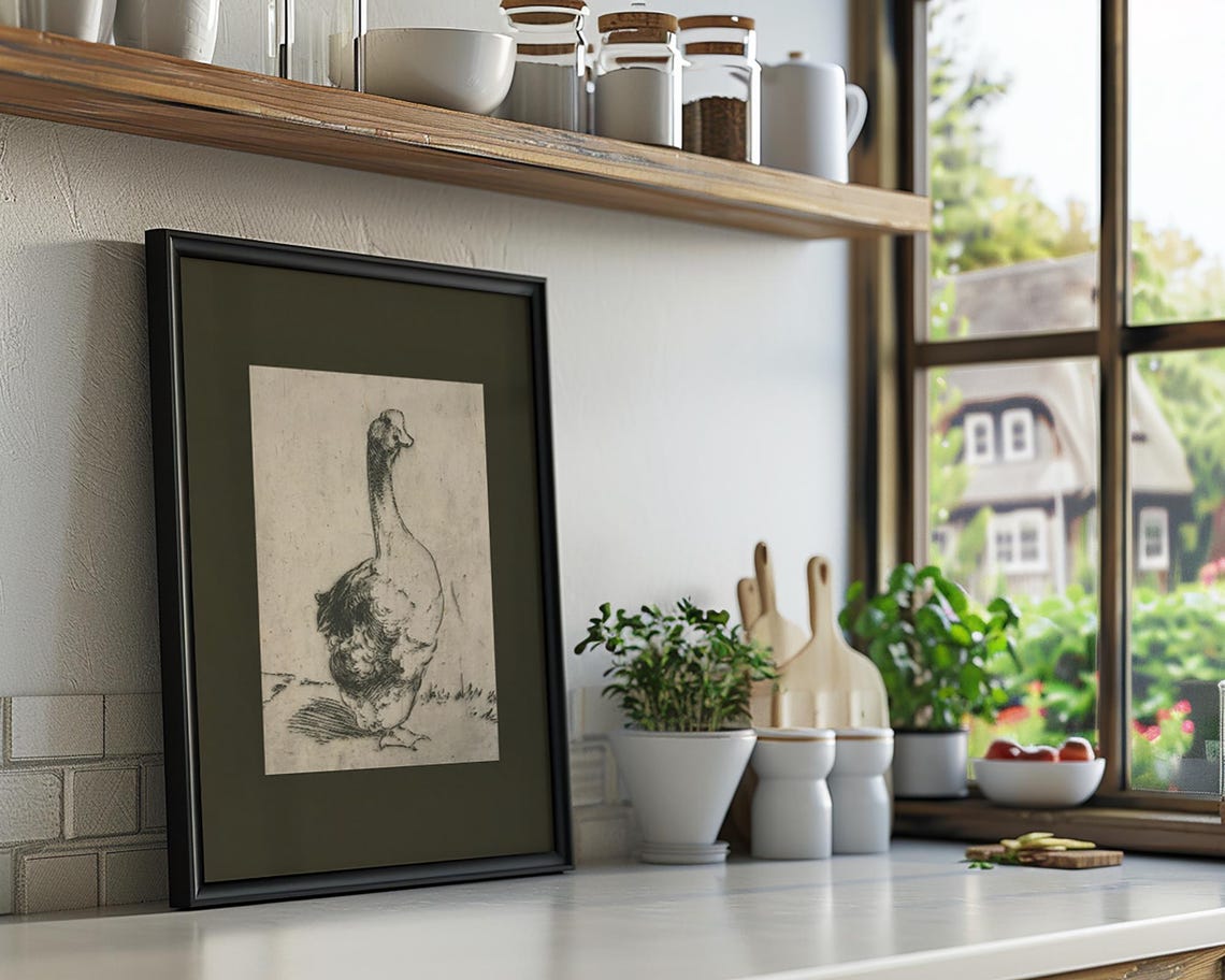 Antique Goose Etching Vintage Black and White Bird Engraving Poster - Image 3