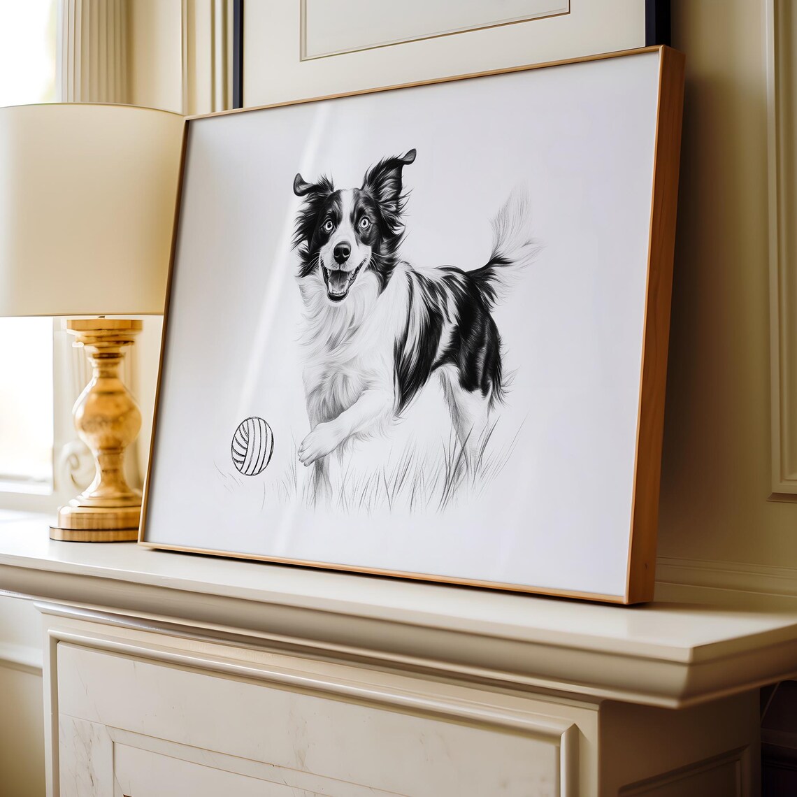 Playful Dog Sketch Black White Ink Drawing Happy Pup Ball Poster - Image 4