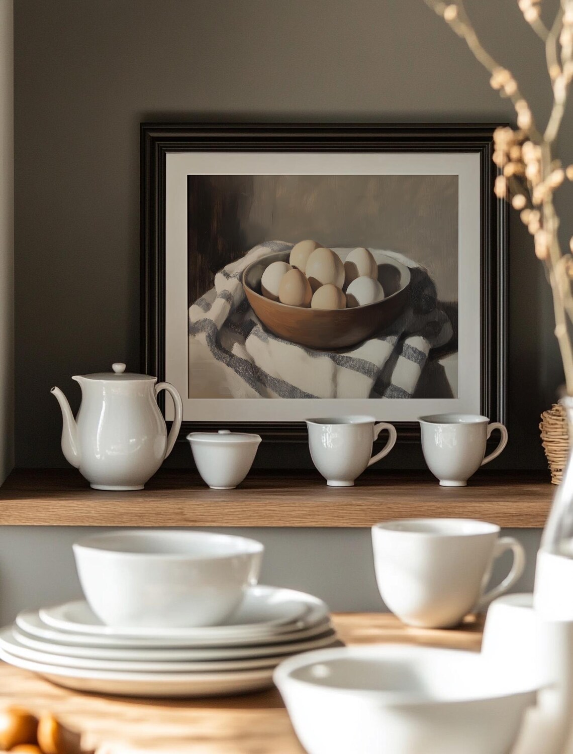 Wooden Bowl Of Farm Eggs On Striped Linen Oil Painting Poster - Image 4