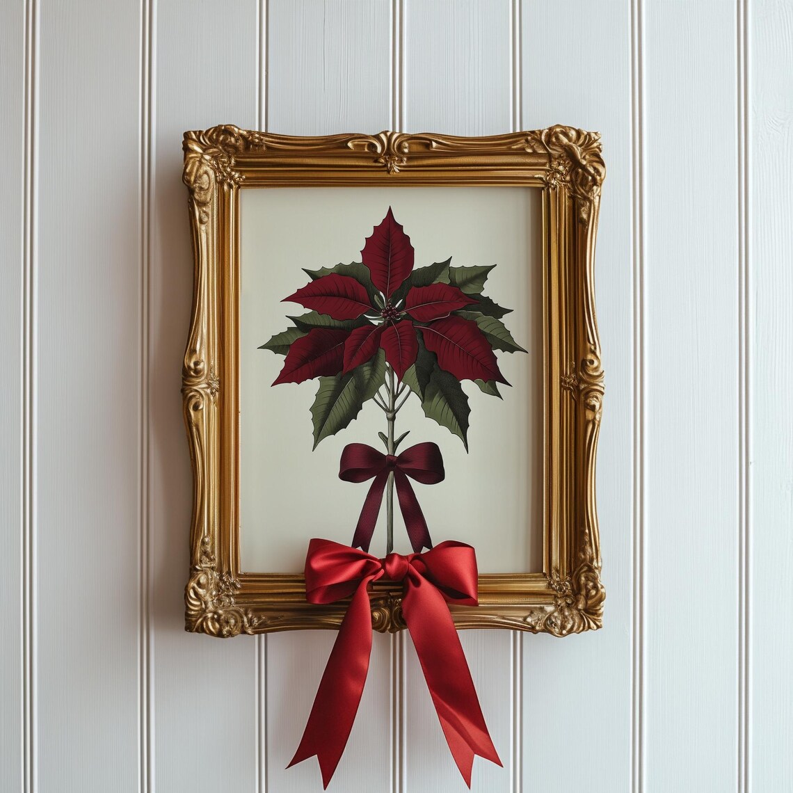 Burgundy Poinsettia Botanical Stem Ribbon Bow Vintage Style Poster - Image 2