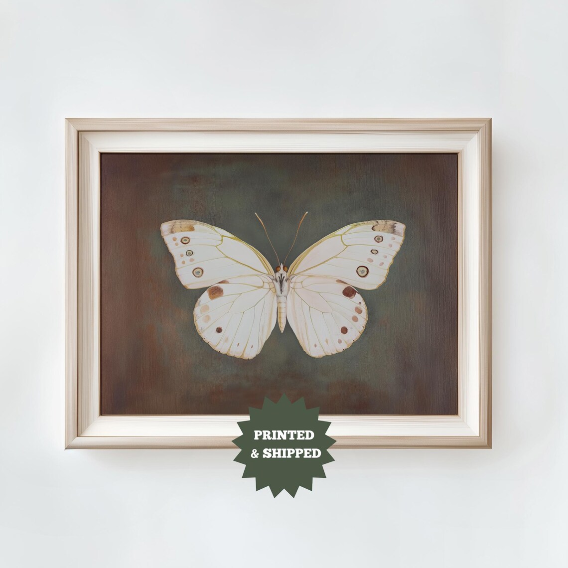 White Butterfly Gold Veined Wings Moody Dark Nature Art Print