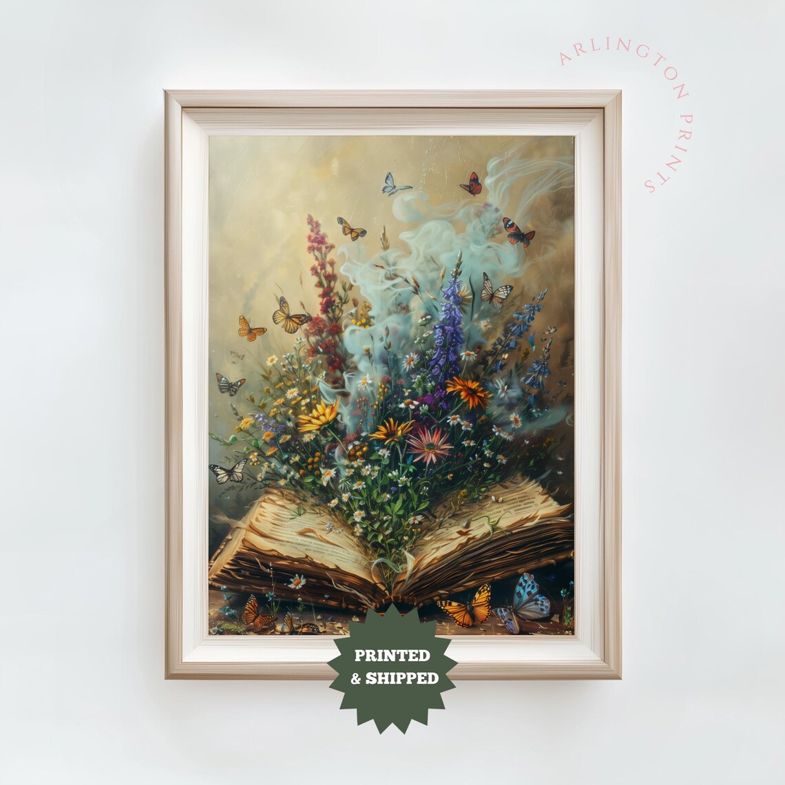 Open Antique Book With Blooming Flowers And Butterflies Poster