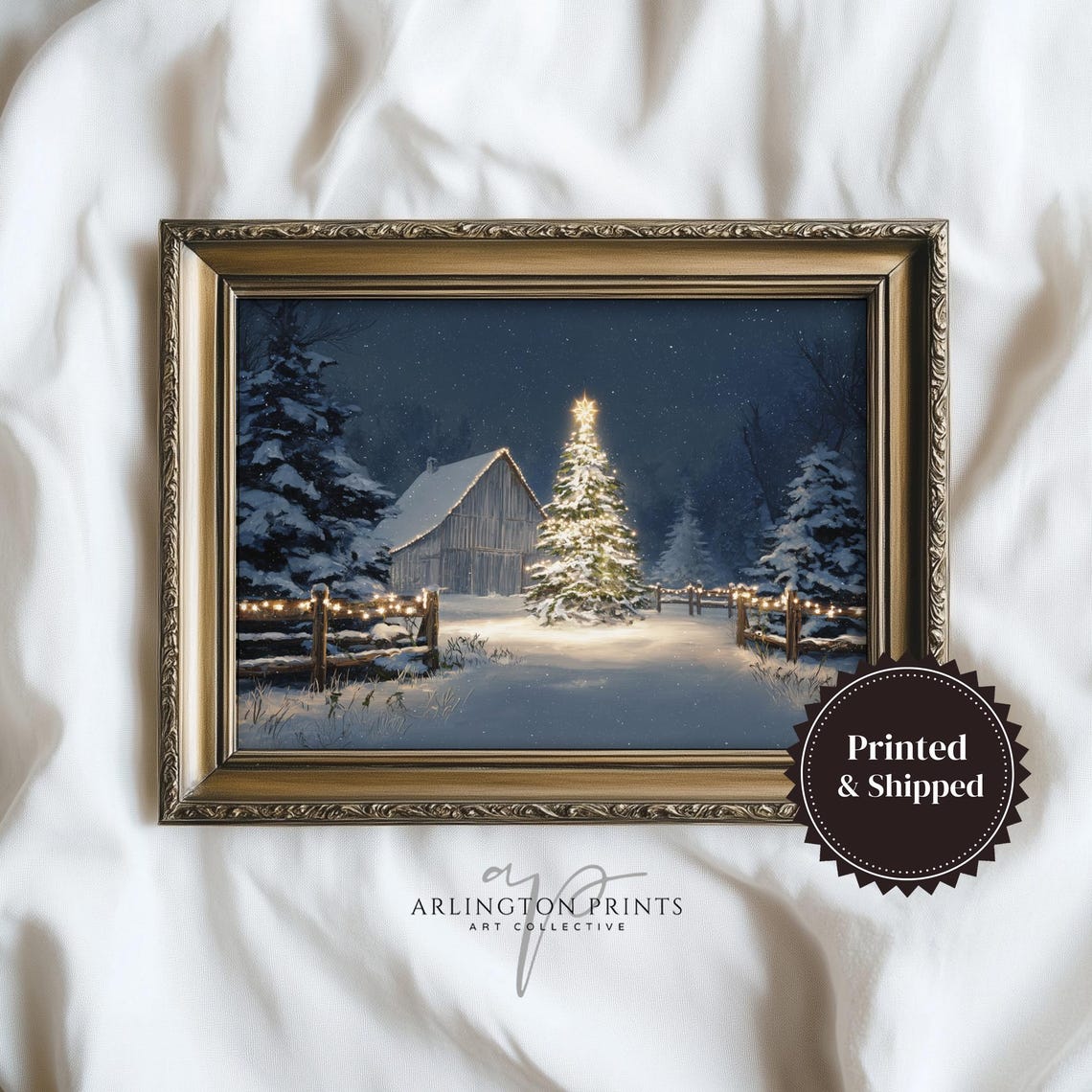 Snowy Barn Christmas Tree Night Rustic Winter Scene Art Poster