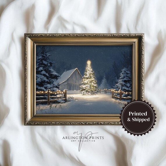 Snowy Barn Christmas Tree Night Rustic Winter Scene Art Poster