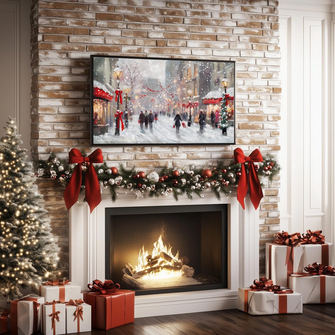 Snowy Main Street Christmas Cityscape Falling Snow Painting Poster - Image 4