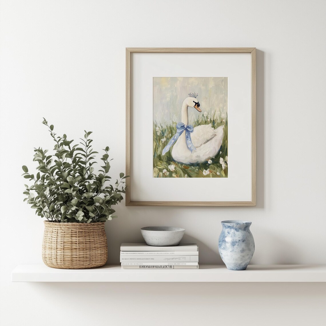 Elegant Swan Princess Wearing Crown Blue Bow Meadow Art Poster - Image 3