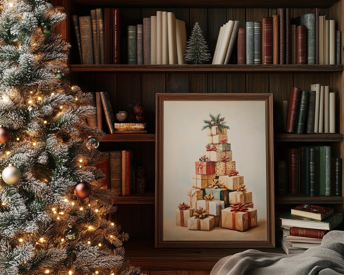 Vintage Christmas Gifts Painting Holiday Wall Art Festive Holiday Home Decor Print Traditional Christmas Presents Art Print - Image 3