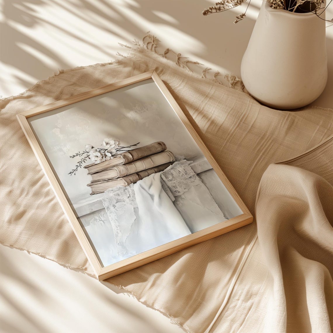 Stack of Antique Books with White Flowers and Lace Neutral Print - Image 4