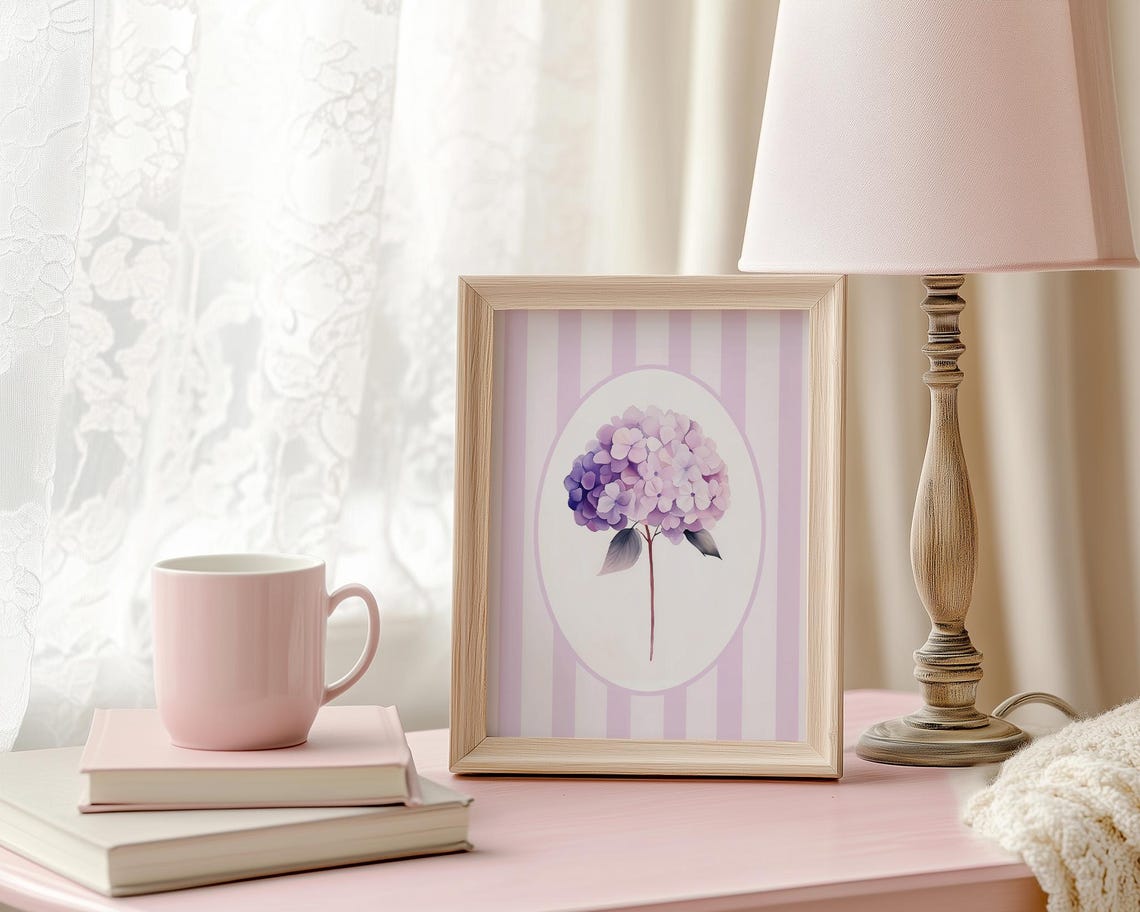 Lavender Hydrangea Bloom on Purple Stripes Botanical Decor Poster - Image 3