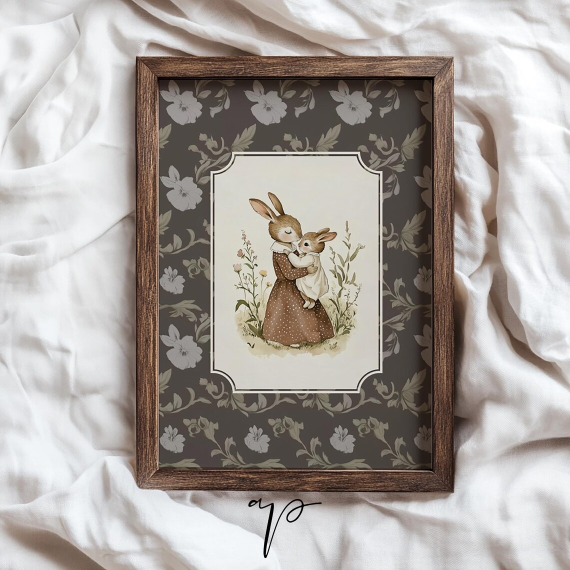Mother Rabbit Holding Baby Bunny Vintage Nursery Floral Poster