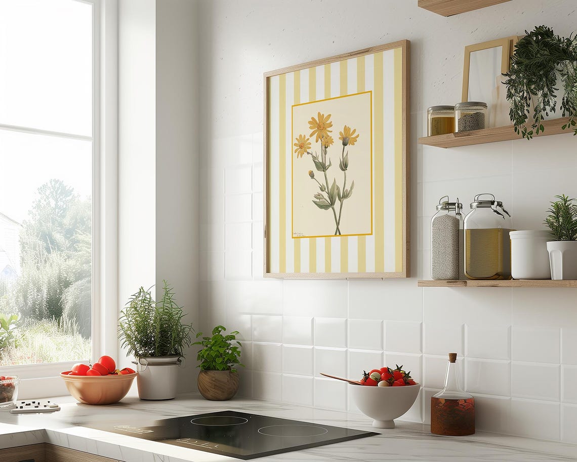 Soft Yellow Daisy Floral Art Print with Cream and Butter Stripes