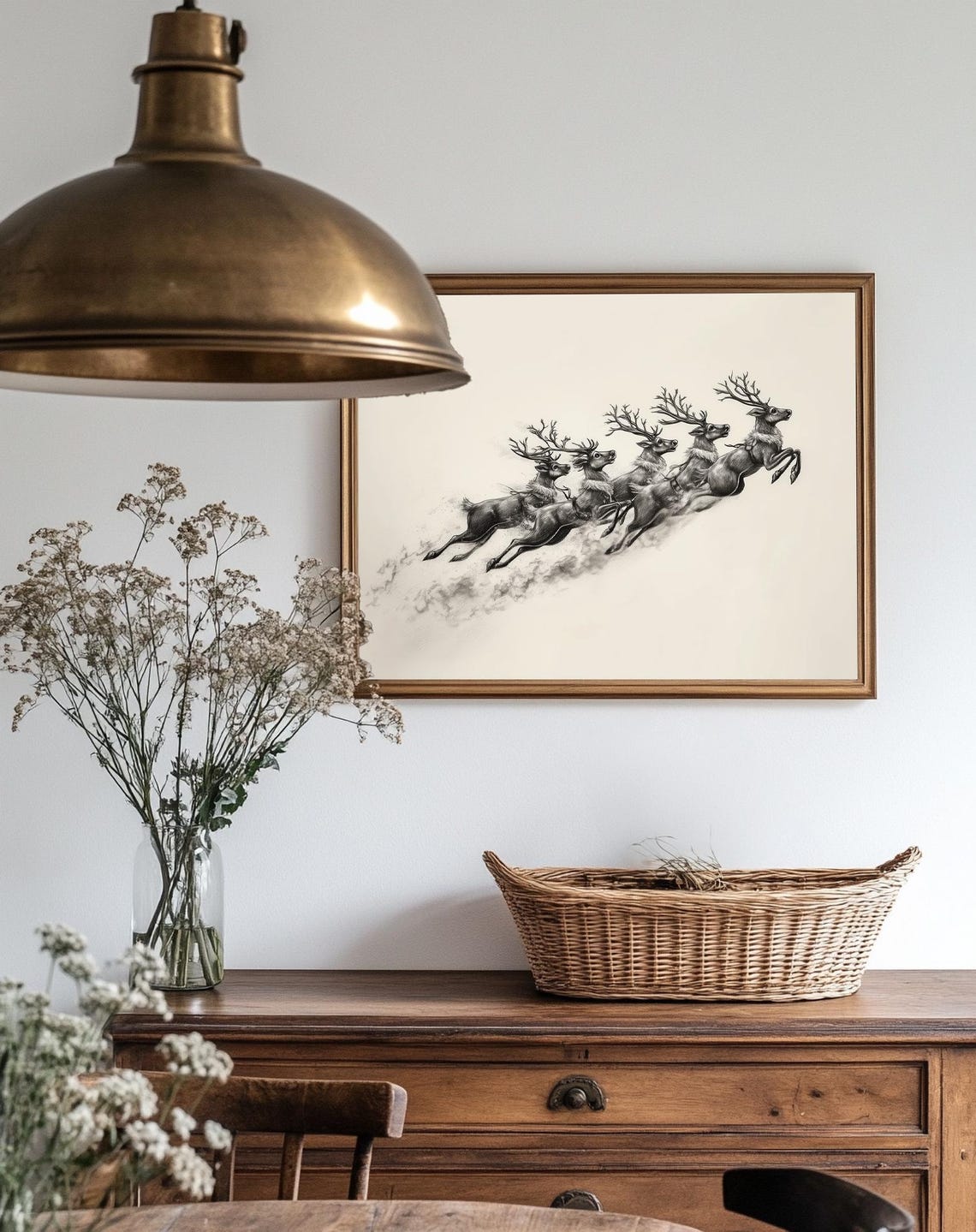 Five Flying Reindeer Charcoal Sketch Santa Team Winter Drawing Poster - Image 3