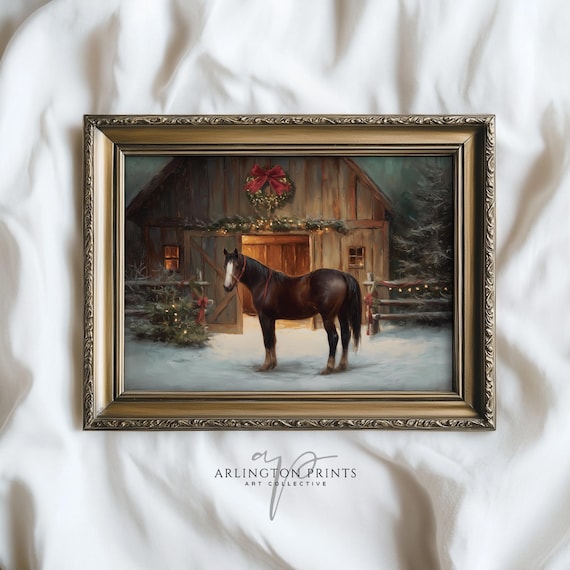 Winter Horse Barn Farmhouse Christmas Poster