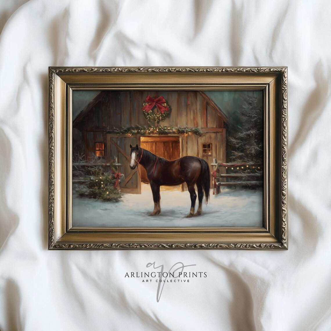 Winter Horse Barn Farmhouse Christmas Poster
