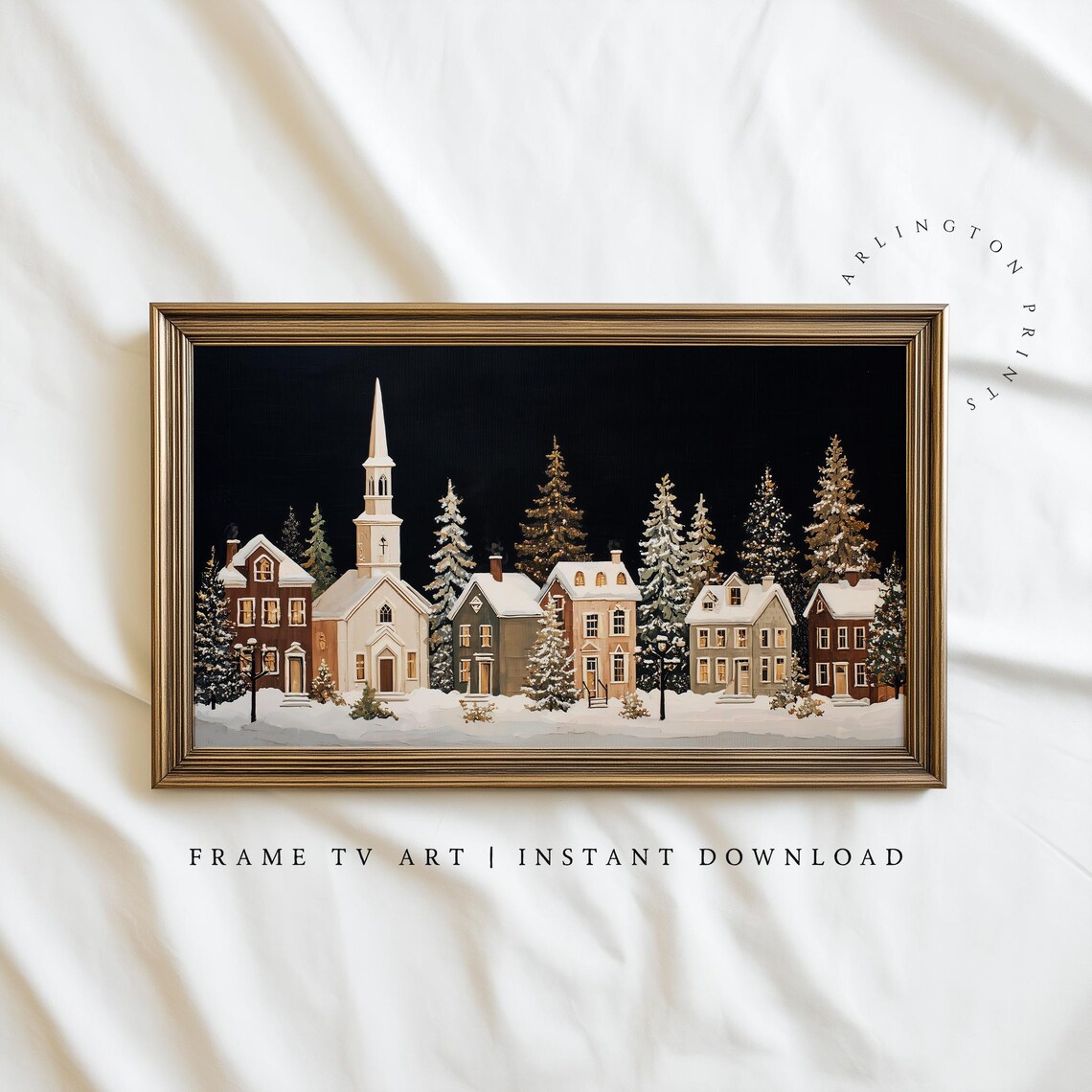 Gold Winter Village Church Night Snowy Christmas Frame TV Art Poster