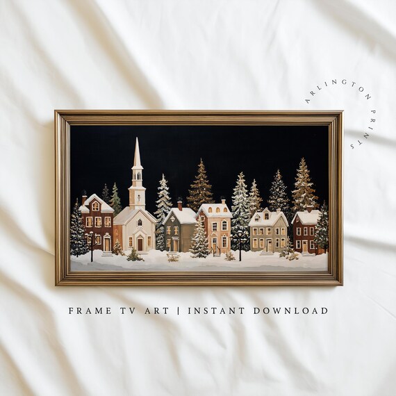 Gold Winter Village Church Night Snowy Christmas Frame TV Art Poster